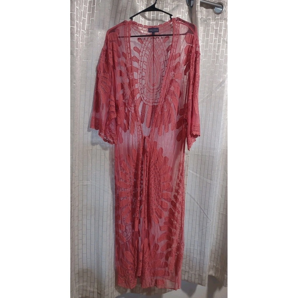 ARTESIA Pink Embroidered Floral Mesh Duster Kimono Cardigan Sheer Boho XL